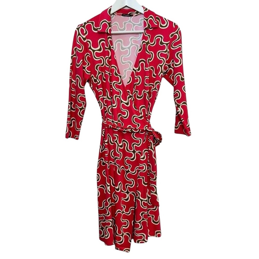 J. McLaughlin‎ Lila Shirt Collar Red Geometric Wrap Dress Catalina Cloth Small